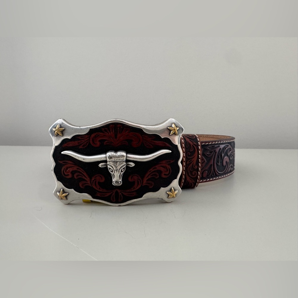 Justin Tooled Leather Western Belt Longhorn Steer Buckle Brown Size 36